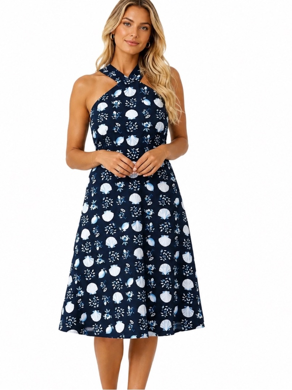 Ann Taylor Women 6 Navy Shell Print Halter Fit Flare Midi Dress Coastal